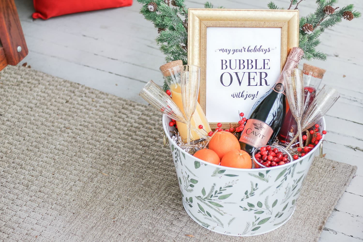 DIY Christmas Morning Mimosa Gift Basket by southern lifestyle blogger Stephanie Ziajka from Diary of a Debutante, Cavit Prosecco review, prosecco gift basket ideas, mimosa champagne gift basket idea, cute wine gift basket ideas for the holidays