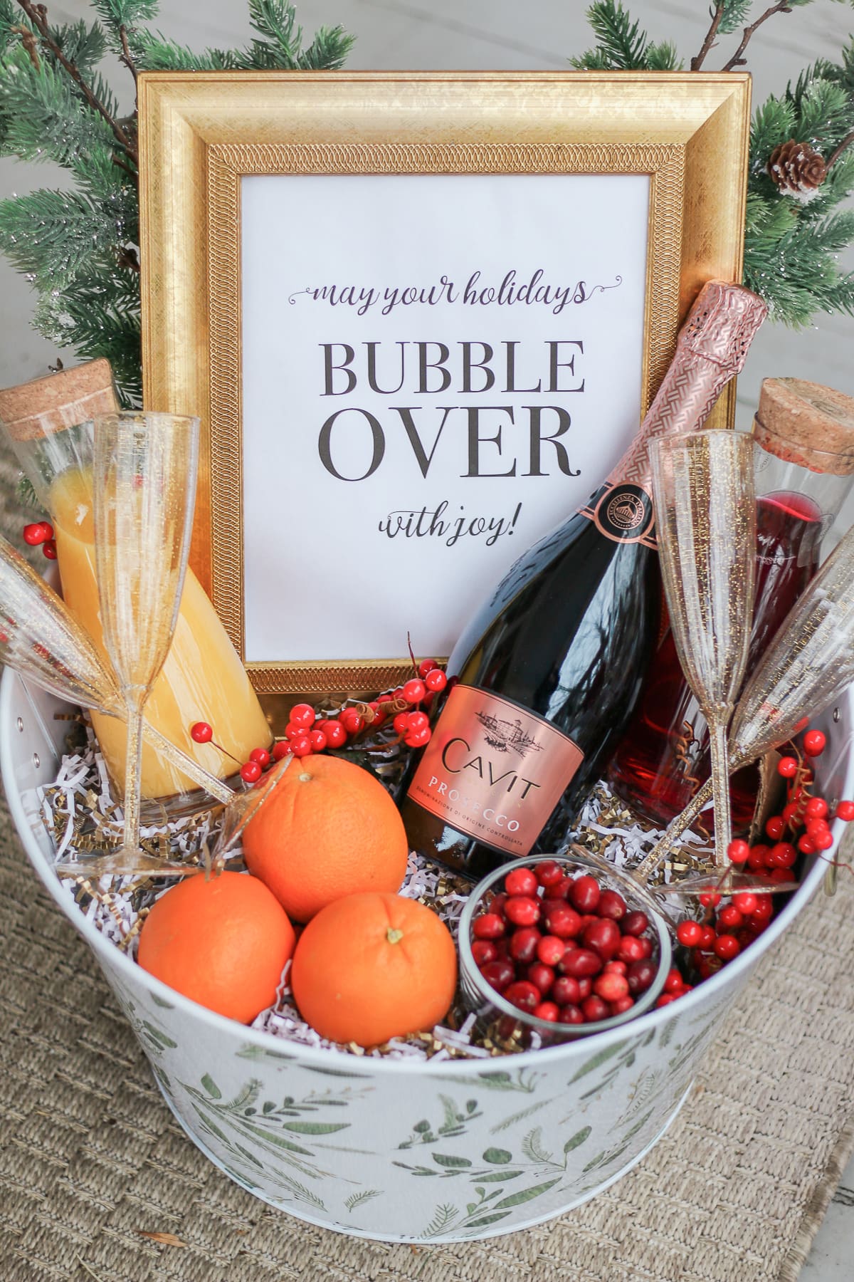 DIY Christmas Morning Mimosa Gift Basket by southern lifestyle blogger Stephanie Ziajka from Diary of a Debutante, Cavit Prosecco review, prosecco gift basket ideas, mimosa champagne gift basket idea, cute wine gift basket ideas for the holidays