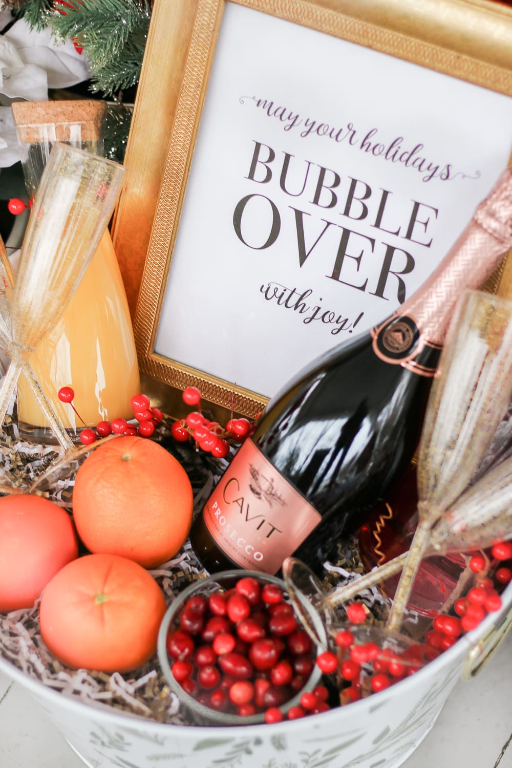 DIY Christmas Morning Mimosa Gift Basket by southern lifestyle blogger Stephanie Ziajka from Diary of a Debutante, Cavit Prosecco review, prosecco gift basket ideas, mimosa champagne gift basket idea, cute wine gift basket ideas for the holidays