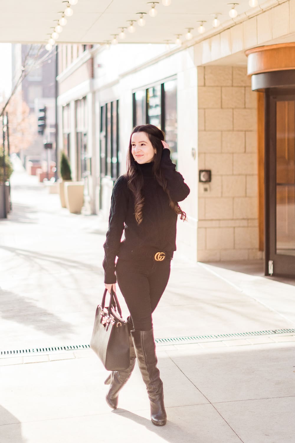 All Black Winter Outfit and The Best Gucci Belt Dupe on Amazon by affordable fashion and southern lifestyle blogger Stephanie Ziajka from Diary of a Debutante, Gucci Marmont belt dupe, gucci belt dupe amazon, all black winter outfit ideas