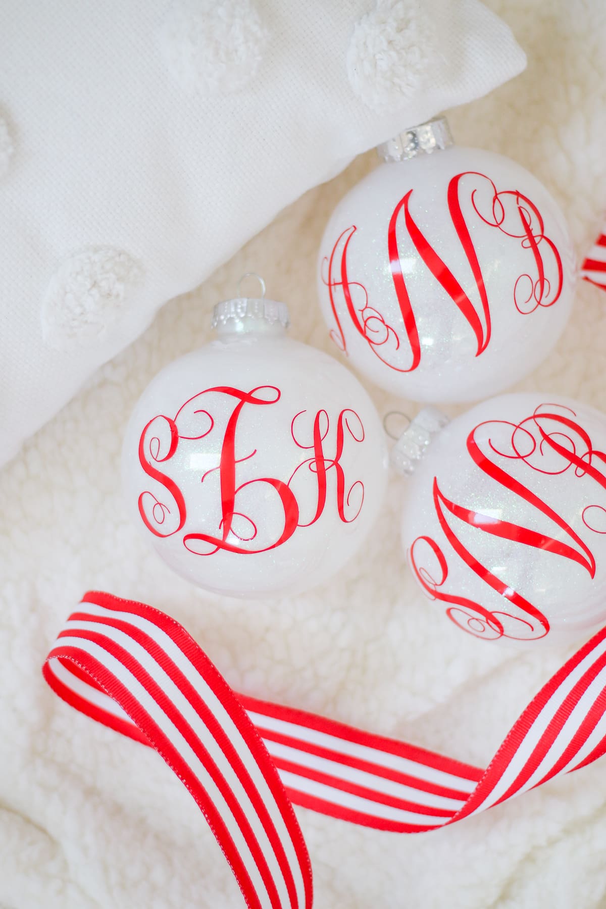 How to Make Gorgeous DIY Glitter Ornaments with Polycrylic (and Cricut Monograms) by southern lifestyle blogger Stephanie Ziajka from Diary of a Debutante, DIY monogrammed glitter ornaments, how to make monograms on the Cricut Explore Air 2, glitter glass ornaments, glitter ornaments with vinyl, making glitter Christmas ornaments, how to make vinyl monograms with Cricut