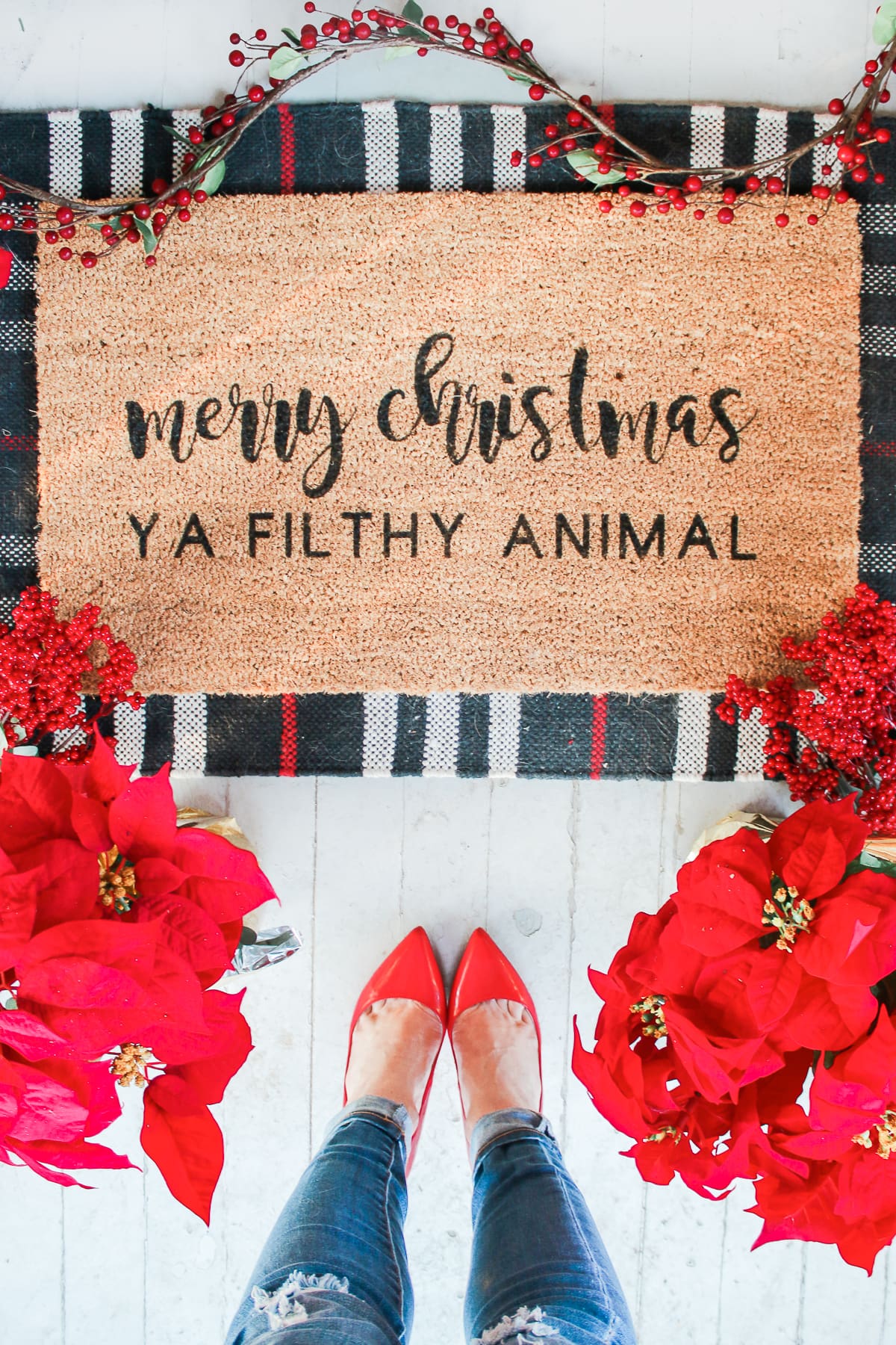 "Merry Christmas Ya Filthy Animal" DIY Painted Doormat by southern lifestyle blogger Stephanie Ziajka from Diary of a Debutante, DIY doormat stencil with Cricut Explore Air 2, Cricut doormat tutorial, DIY outdoor mat, paint your own doormat tutorial, paint doormat