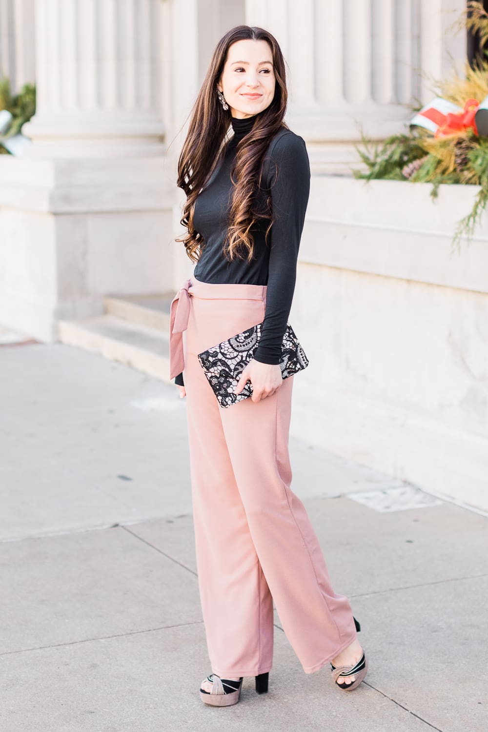 Trend to Try: Shein Self Tie Palazzo Pants Outfit by affordable fashion blogger Stephanie Ziajka from Diary of a Debutante, Shein palazzo pants, Cuddl Duds black turtleneck, Jessica McClintock Riley Lace Envelope Clutch, LC Lauren Conrad block heel sandals, ways to wear palazzo pants, what kind of shirt to wear with palazzo pants