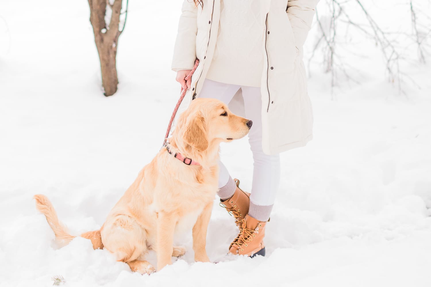 How to Style Bean Boots with the LLBean Ultrawarm Coat by affordable fashion and southern lifestyle blogger Stephanie Ziajka from Diary of a Debutante, LLBean Ultrawarm Coat Three Quarter Length in paperwhite, bean boots style, parka outfit ideas, white sweater outfit, LLBean bean boots styled with LLBean ultrawarm coat, white skinny jeans, and a white oversized turtleneck sweater, golden retriever puppy in the snow