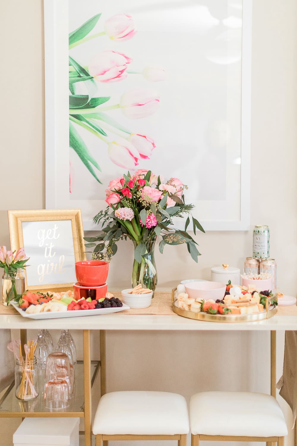 tips for hosting a fondue party, how to make a chocolate fondue bar, chocolate fondue bar tips, DIY dessert board ideas, easy Galentine's Day dessert board, dessert fondue dippers, how to throw a fondue party, Simple skincare review, Simple Micellar Cleansing Water review, Simple Cleansing Facial Wipes review, Galentine's Day gift box ideas
