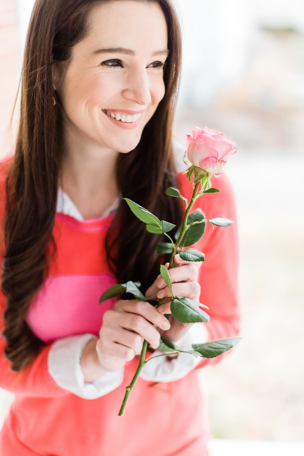 The Perfect Old Navy Crewneck Sweater for Valentine's Day Weekend by Stephanie Ziajka from the popular affordable fashion blog Diary of a Debutante, Old Navy pink stripe crew-neck sweater for women, Kendra Scott Spring 2019 new arrivals, pink stripe crewneck sweater styled over a J. Crew Factory relaxed white oxford with white distressed Levi skinny jeans and natural M. Gemi The Cammeo pumps
