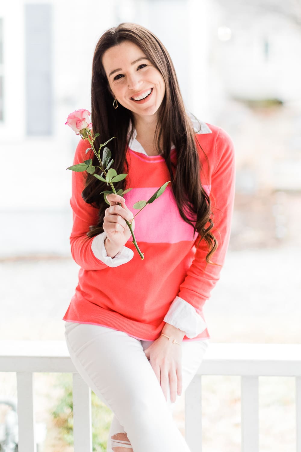The Perfect Old Navy Crewneck Sweater for Valentine's Day Weekend by Stephanie Ziajka from the popular affordable fashion blog Diary of a Debutante, Old Navy pink stripe crew-neck sweater for women, Kendra Scott Spring 2019 new arrivals, pink stripe crewneck sweater styled over a J. Crew Factory relaxed white oxford with white distressed Levi skinny jeans and natural M. Gemi The Cammeo pumps
