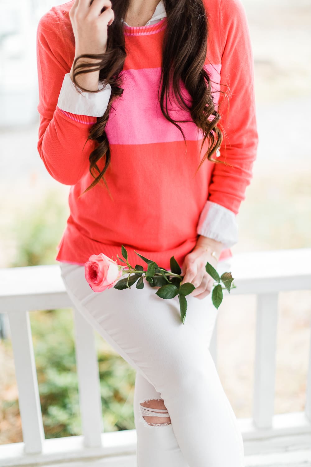 The Perfect Old Navy Crewneck Sweater for Valentine's Day Weekend by Stephanie Ziajka from the popular affordable fashion blog Diary of a Debutante, Old Navy pink stripe crew-neck sweater for women, Kendra Scott Spring 2019 new arrivals, pink stripe crewneck sweater styled over a J. Crew Factory relaxed white oxford with white distressed Levi skinny jeans and natural M. Gemi The Cammeo pumps
