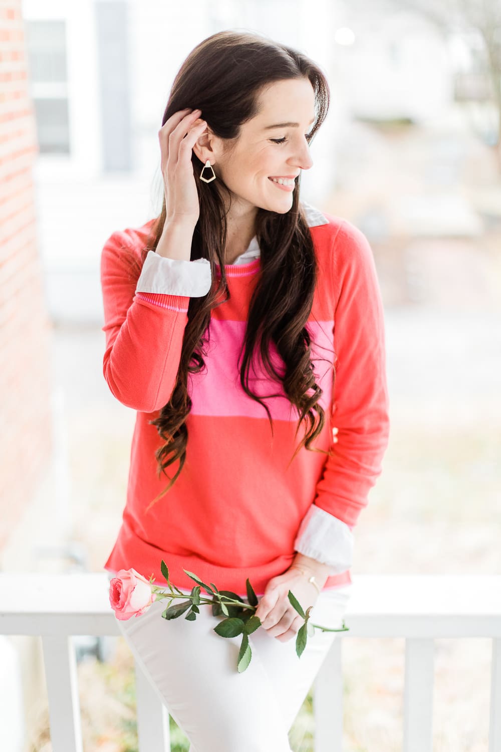 The Perfect Old Navy Crewneck Sweater for Valentine's Day Weekend by Stephanie Ziajka from the popular affordable fashion blog Diary of a Debutante, Old Navy pink stripe crew-neck sweater for women, Kendra Scott Spring 2019 new arrivals, pink stripe crewneck sweater styled over a J. Crew Factory relaxed white oxford with white distressed Levi skinny jeans and natural M. Gemi The Cammeo pumps