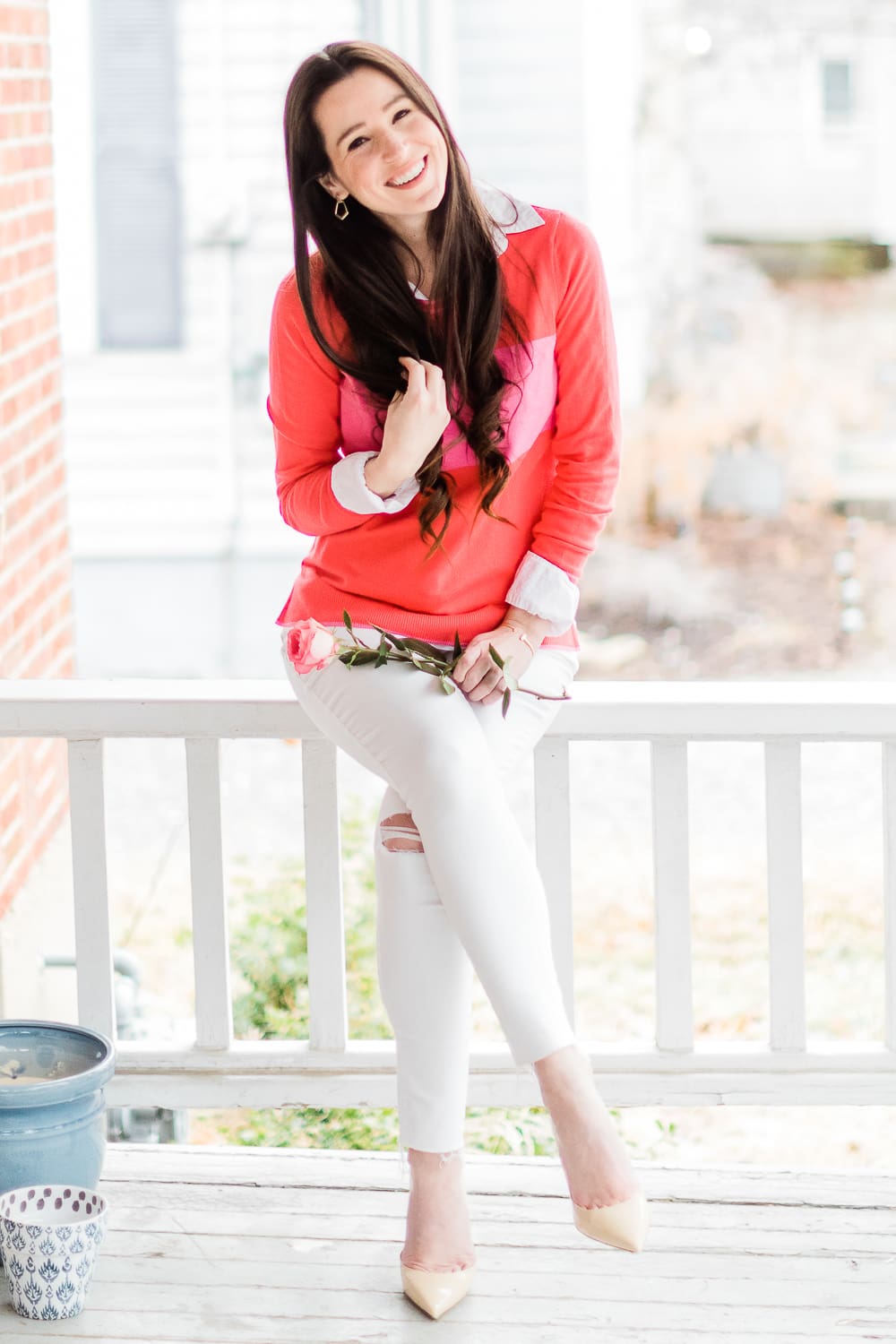 The Perfect Old Navy Crewneck Sweater for Valentine's Day Weekend by Stephanie Ziajka from the popular affordable fashion blog Diary of a Debutante, Old Navy pink stripe crew-neck sweater for women, Kendra Scott Spring 2019 new arrivals, pink stripe crewneck sweater styled over a J. Crew Factory relaxed white oxford with white distressed Levi skinny jeans and natural M. Gemi The Cammeo pumps