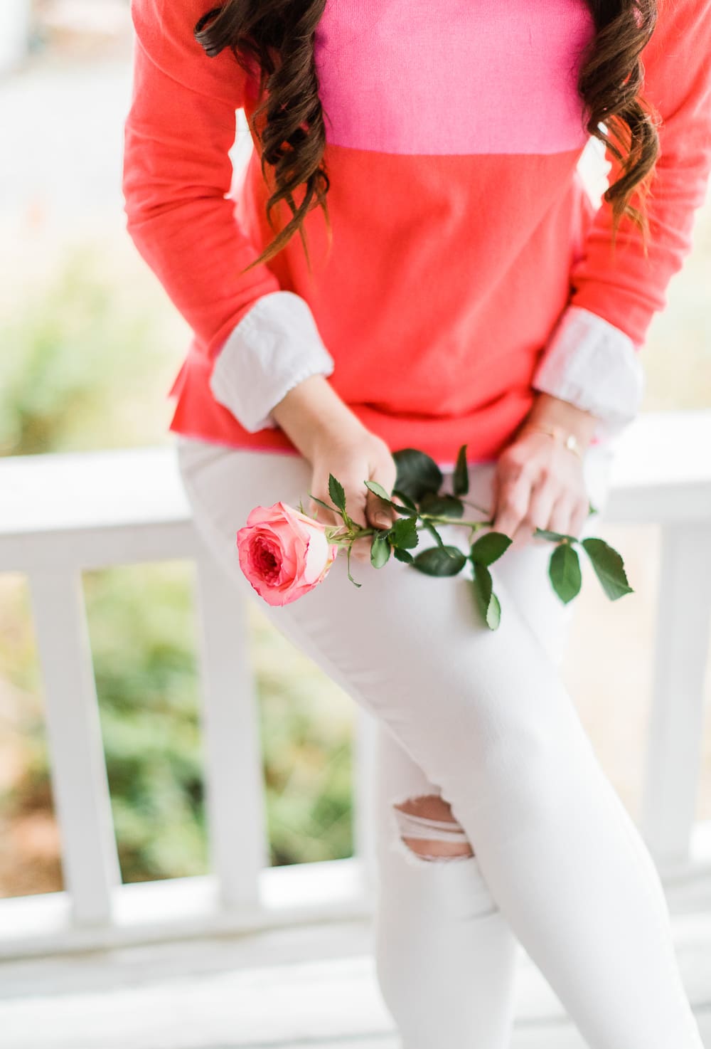 The Perfect Old Navy Crewneck Sweater for Valentine's Day Weekend by Stephanie Ziajka from the popular affordable fashion blog Diary of a Debutante, Old Navy pink stripe crew-neck sweater for women, Kendra Scott Spring 2019 new arrivals, pink stripe crewneck sweater styled over a J. Crew Factory relaxed white oxford with white distressed Levi skinny jeans and natural M. Gemi The Cammeo pumps