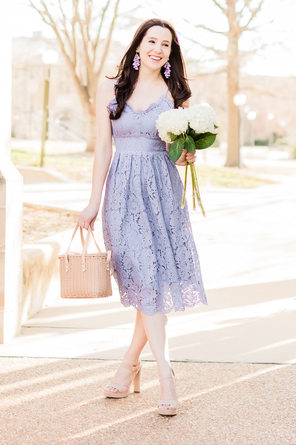 Color Crush: The Lilac Lace Dress I'm Wearing on Repeat This Spring by popular affordable fashion blogger Stephanie Ziajka from Diary of a Debutante, Chicwish lilac lace cami dress, Sugarfix by Baublebar lilac tassel drop earrings, Who What Wear Basket Crossbody Bag, what to wear to a spring wedding, spring wedding guest dress ideas