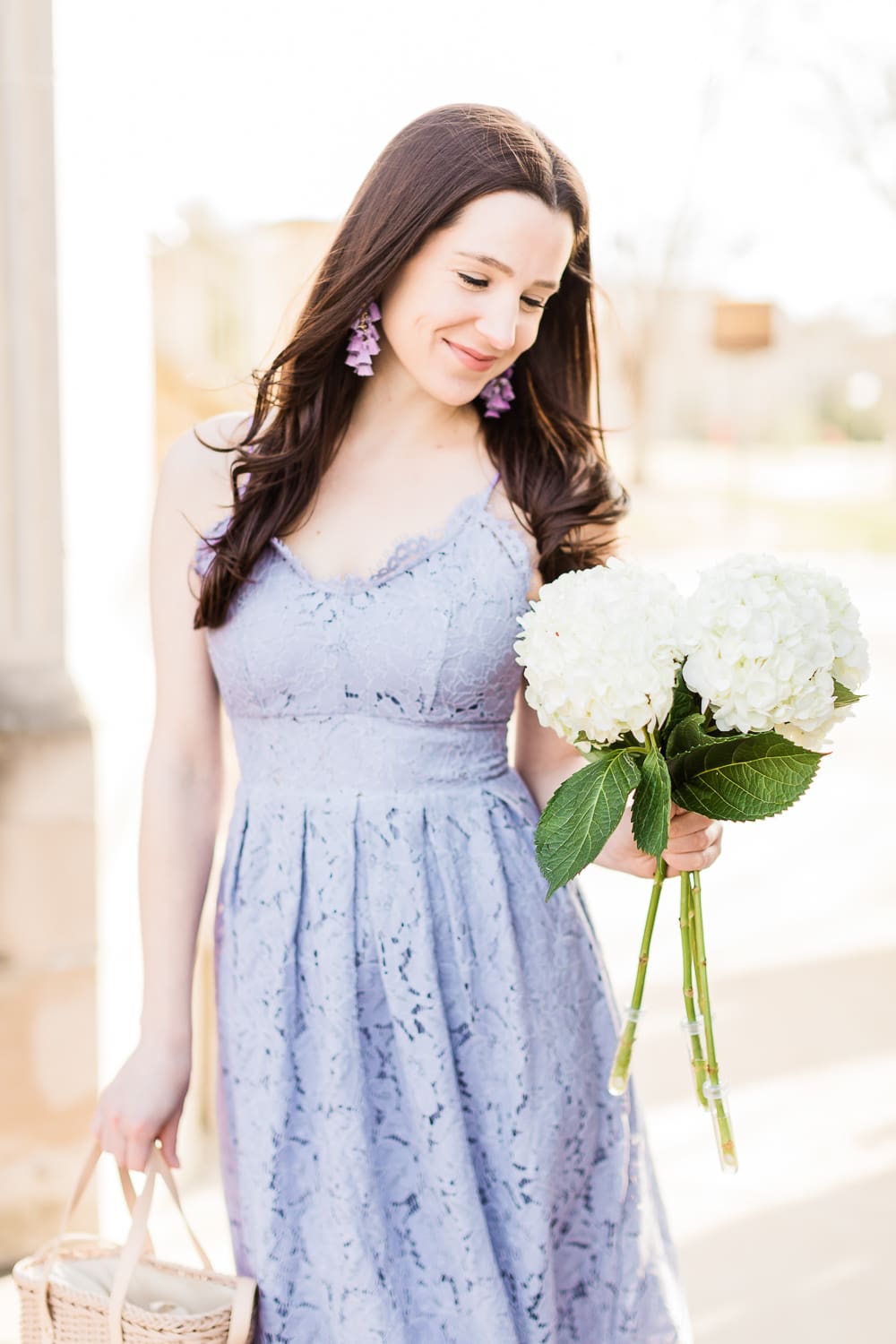 Color Crush: The Lilac Lace Dress I'm Wearing on Repeat This Spring by popular affordable fashion blogger Stephanie Ziajka from Diary of a Debutante, Chicwish lilac lace cami dress, Sugarfix by Baublebar lilac tassel drop earrings, Who What Wear Basket Crossbody Bag, what to wear to a spring wedding, spring wedding guest dress ideas