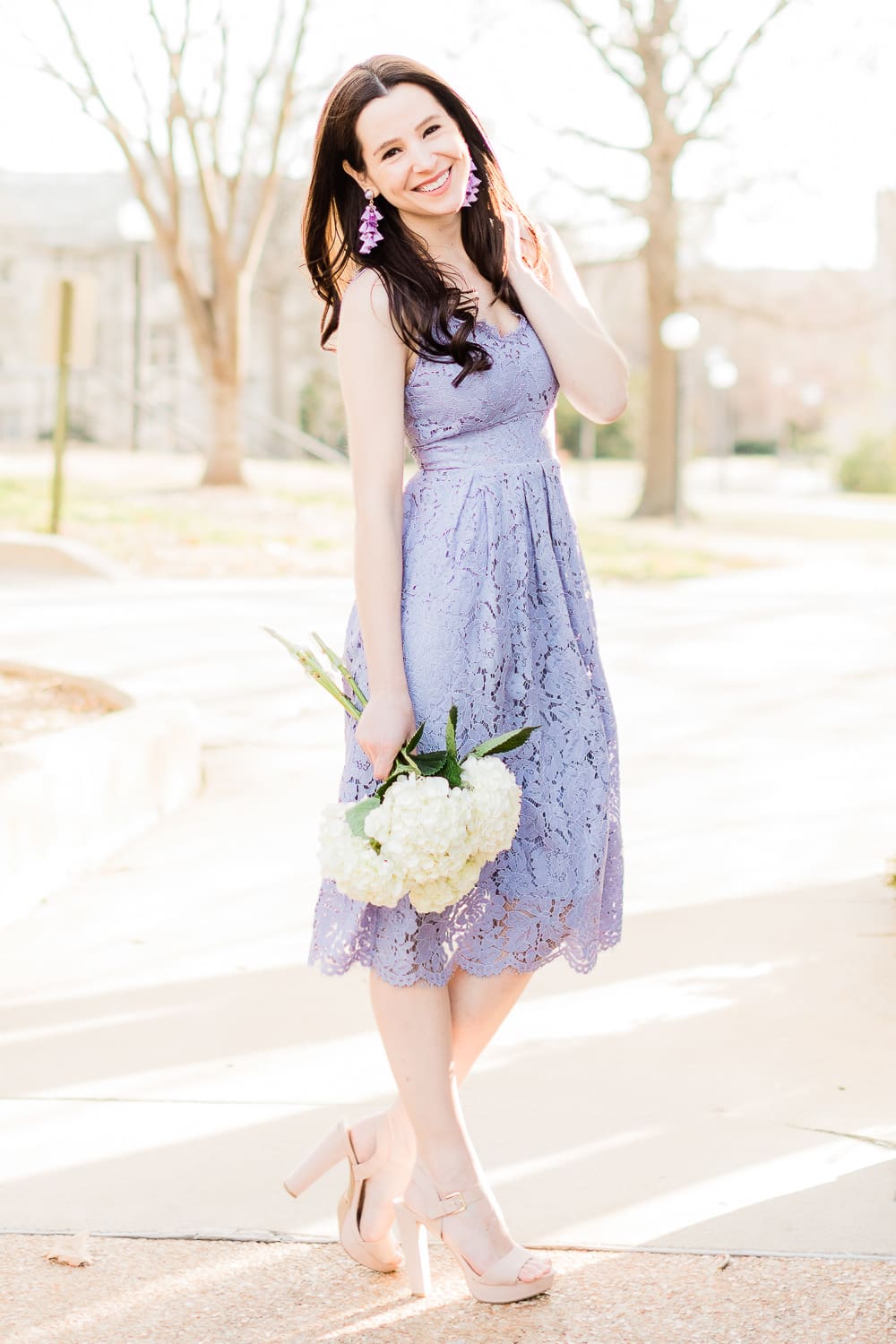 Color Crush: The Lilac Lace Dress I'm Wearing on Repeat This Spring by popular affordable fashion blogger Stephanie Ziajka from Diary of a Debutante, Chicwish lilac lace cami dress, Sugarfix by Baublebar lilac tassel drop earrings, Who What Wear Basket Crossbody Bag, what to wear to a spring wedding, spring wedding guest dress ideas