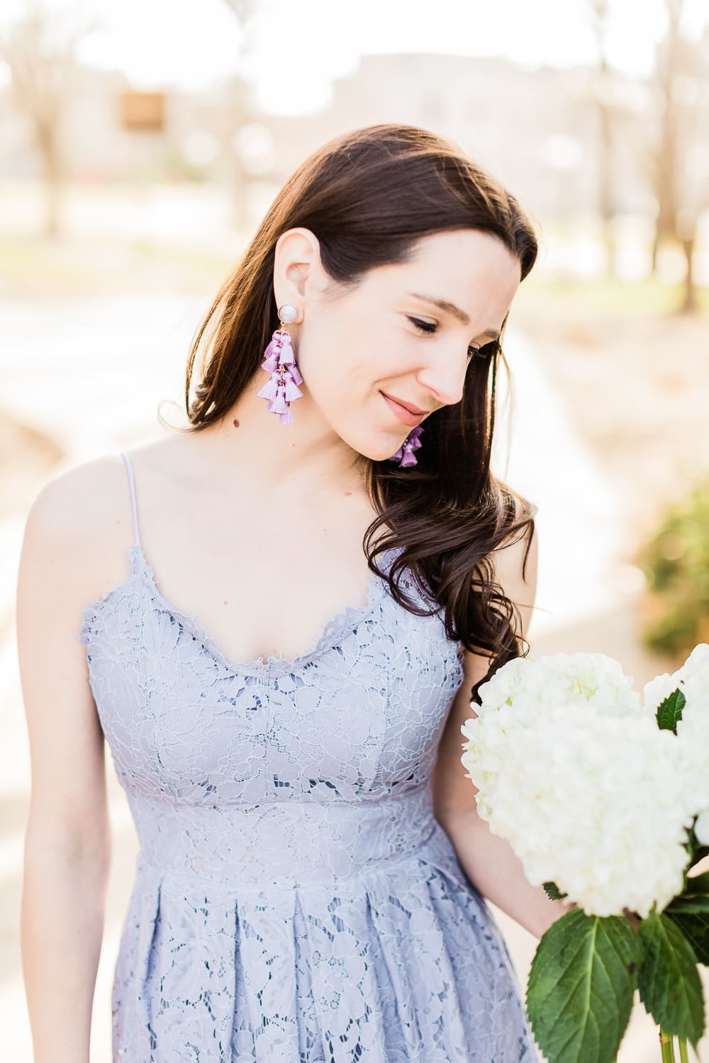 Color Crush: The Lilac Lace Dress I'm Wearing on Repeat This Spring by popular affordable fashion blogger Stephanie Ziajka from Diary of a Debutante, Chicwish lilac lace cami dress, Sugarfix by Baublebar lilac tassel drop earrings, Who What Wear Basket Crossbody Bag, what to wear to a spring wedding, spring wedding guest dress ideas