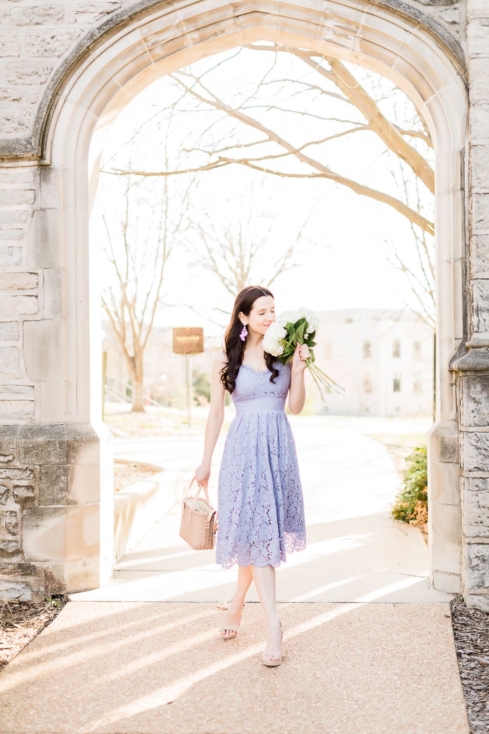 Color Crush: The Lilac Lace Dress I'm Wearing on Repeat This Spring by popular affordable fashion blogger Stephanie Ziajka from Diary of a Debutante, Chicwish lilac lace cami dress, Sugarfix by Baublebar lilac tassel drop earrings, Who What Wear Basket Crossbody Bag, what to wear to a spring wedding, spring wedding guest dress ideas