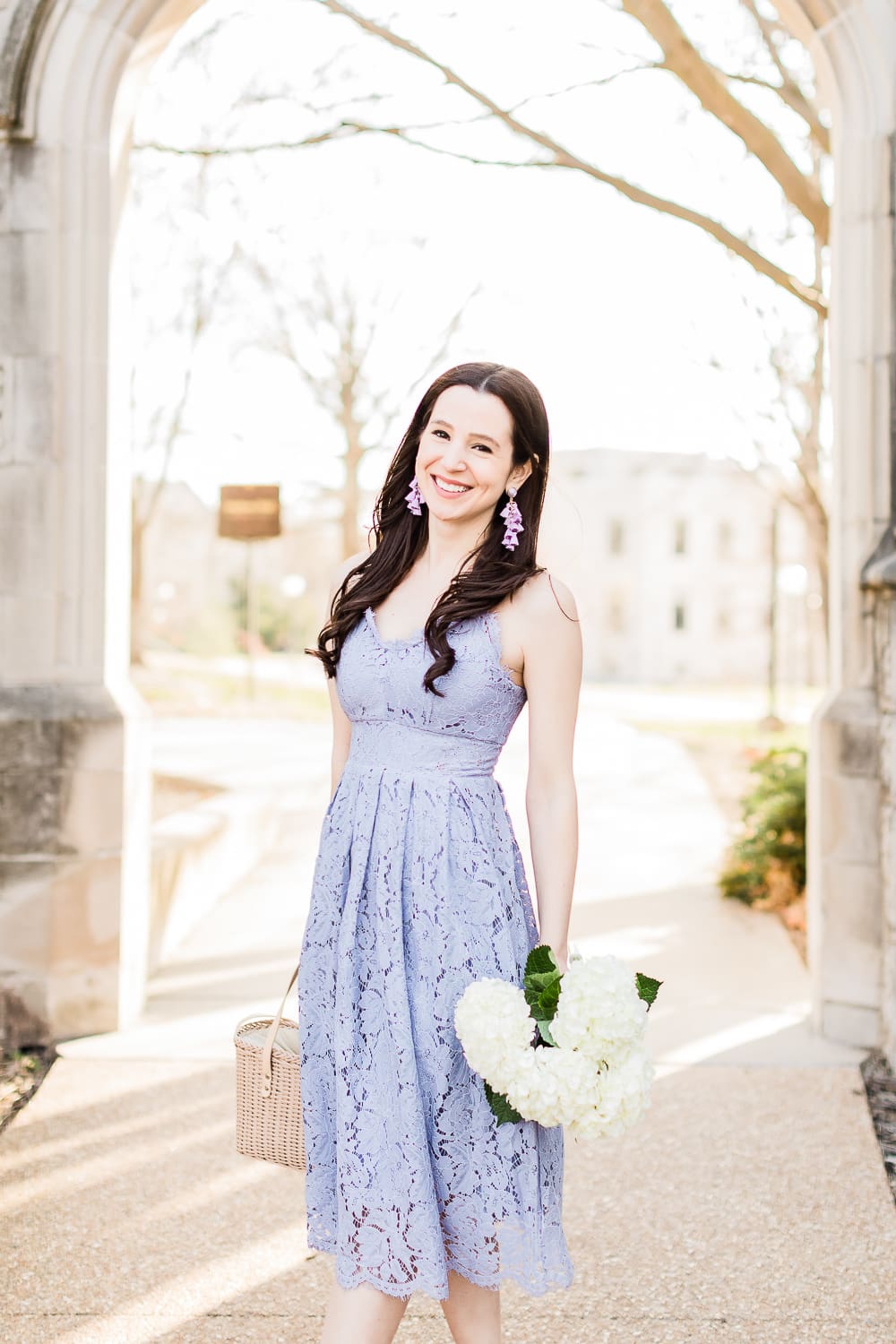 Color Crush: The Lilac Lace Dress I'm Wearing on Repeat This Spring by popular affordable fashion blogger Stephanie Ziajka from Diary of a Debutante, Chicwish lilac lace cami dress, Sugarfix by Baublebar lilac tassel drop earrings, Who What Wear Basket Crossbody Bag, what to wear to a spring wedding, spring wedding guest dress ideas