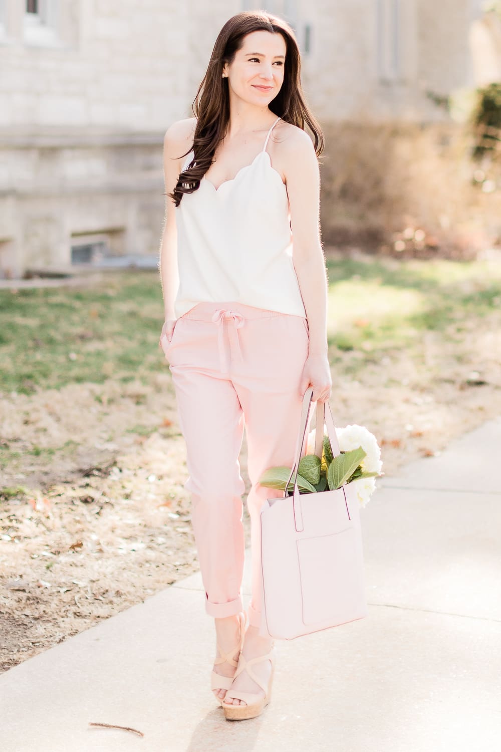How to Style Chino Pants for Date Night by popular affordable fashion blogger Stephanie Ziajka from Diary of a Debutante, how to wear chino pants, Old Navy Pull-On Anytime Chinos for Women, J.Crew Factory Scalloped Cami Top, Walmart Time and Tru Leigh Tote