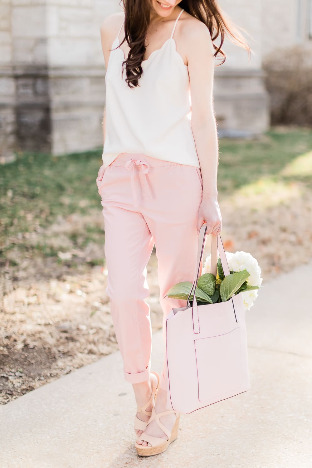 How to Style Chino Pants for Date Night by popular affordable fashion blogger Stephanie Ziajka from Diary of a Debutante, how to wear chino pants, Old Navy Pull-On Anytime Chinos for Women, J.Crew Factory Scalloped Cami Top, Walmart Time and Tru Leigh Tote