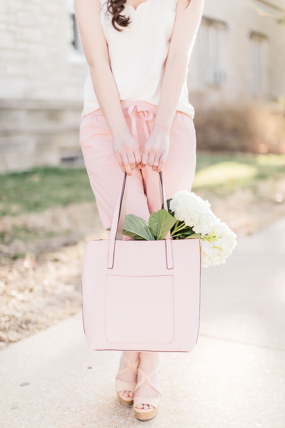 How to Style Chino Pants for Date Night by popular affordable fashion blogger Stephanie Ziajka from Diary of a Debutante, how to wear chino pants, Old Navy Pull-On Anytime Chinos for Women, J.Crew Factory Scalloped Cami Top, Walmart Time and Tru Leigh Tote