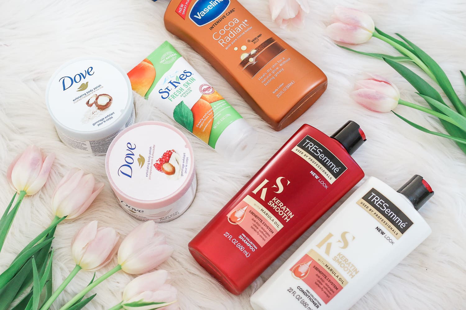 Target Spring Shopping Haul: Top Fashion and Beauty Finds by affordable fashion blogger Stephanie Ziajka from Diary of a Debutante, Target Spring Beauty Haul, Dove Body Polish at Target, St. Ives Apricot Scrub at Target, TreSemme Keratin Smooth Shampoo and Conditioner at Target, Vaseline Cocoa Radiant Lotion at Target