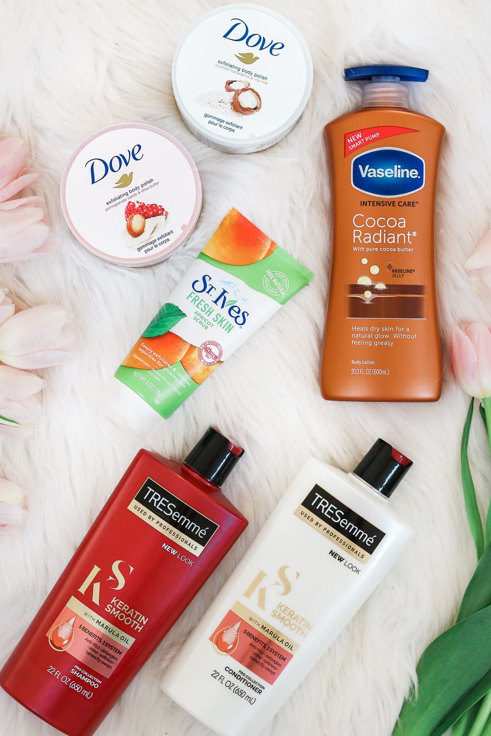 Target Spring Shopping Haul: Top Fashion and Beauty Finds by affordable fashion blogger Stephanie Ziajka from Diary of a Debutante, Target Spring Beauty Haul, Dove Body Polish at Target, St. Ives Apricot Scrub at Target, TreSemme Keratin Smooth Shampoo and Conditioner at Target, Vaseline Cocoa Radiant Lotion at Target