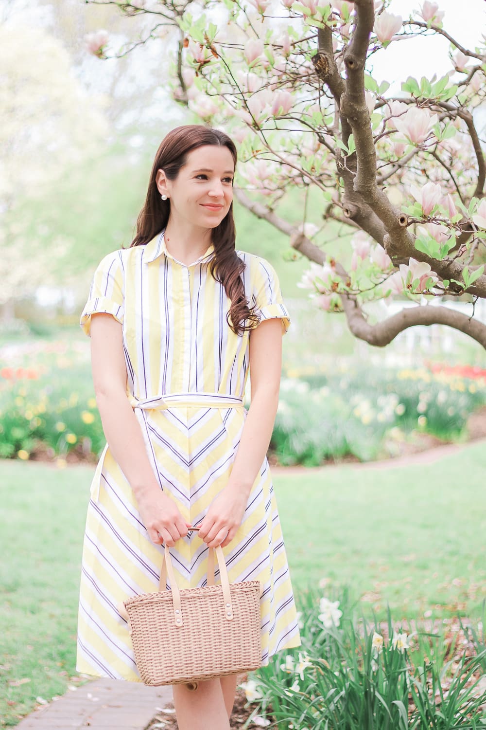 Target Spring Shopping Haul: Top Fashion and Beauty Finds by affordable fashion blogger Stephanie Ziajka from Diary of a Debutante, Target A New Day Yellow Striped Short Sleeve Shirtdress, Women's Adelina Espadrilles Slide Sandals, Basket Crossbody Bag