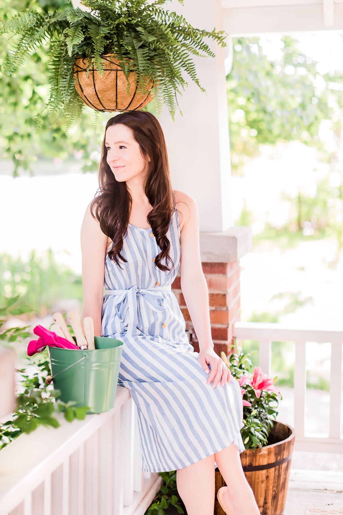 SHEIN Button Through Self Belt Stripe Cami Dress styled with white STEVEN by Steve Madden Women's Greece Sandal by popular affordable fashion blogger Stephanie Ziajka from Diary of a Debutante, best gardening tools on Amazon, best Amazon gardening tool set
