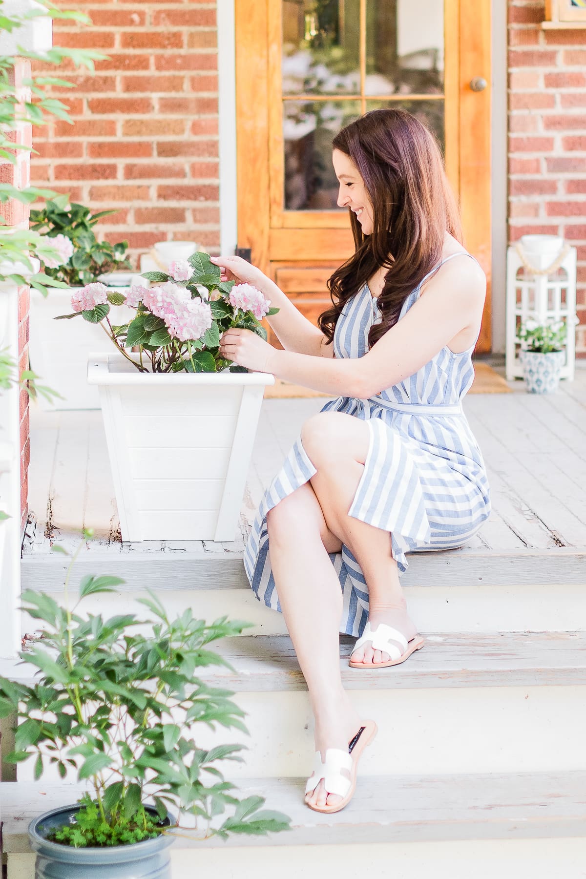 SHEIN Button Through Self Belt Stripe Cami Dress styled with white STEVEN by Steve Madden Women's Greece Sandal by popular affordable fashion blogger Stephanie Ziajka from Diary of a Debutante, pink hydrangeas on front porch, pink hydrangeas in white planter
