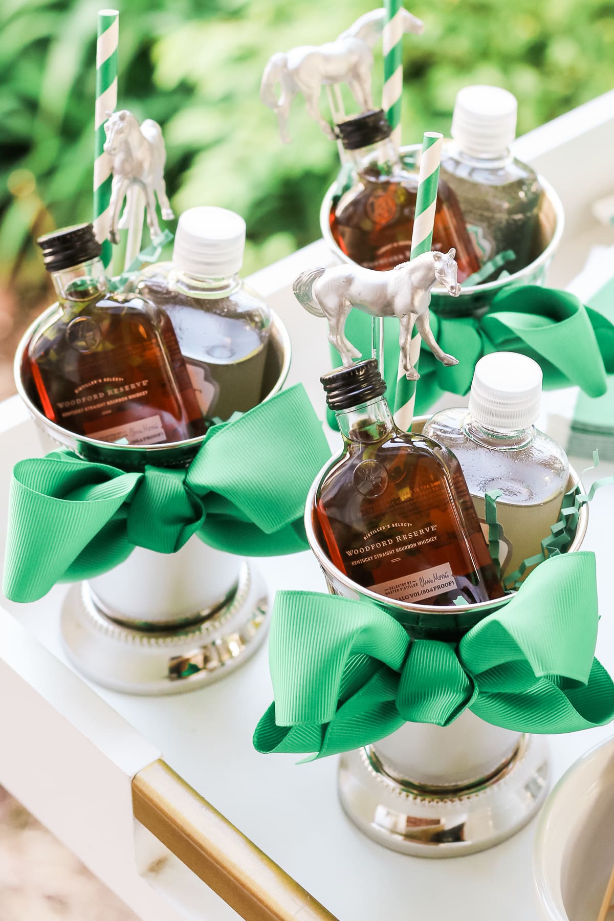 Derby Day Party Favor: DIY Mint Julep Kit by Stephanie Ziajka from the popular southern lifestyle blog Diary of a Debutante, mint julep gift set, cute Derby Day party favors, cute Kentucky Derby gift ideas, mini bottles of woodford reserve bourbon, homemade mint simple syrup