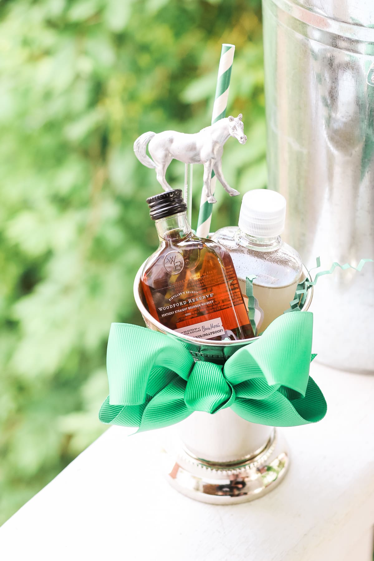 Derby Day Party Favor: DIY Mint Julep Kit by Stephanie Ziajka from the popular southern lifestyle blog Diary of a Debutante, mint julep gift set, cute Derby Day party favors, cute Kentucky Derby gift ideas, mini bottles of woodford reserve bourbon, homemade mint simple syrup