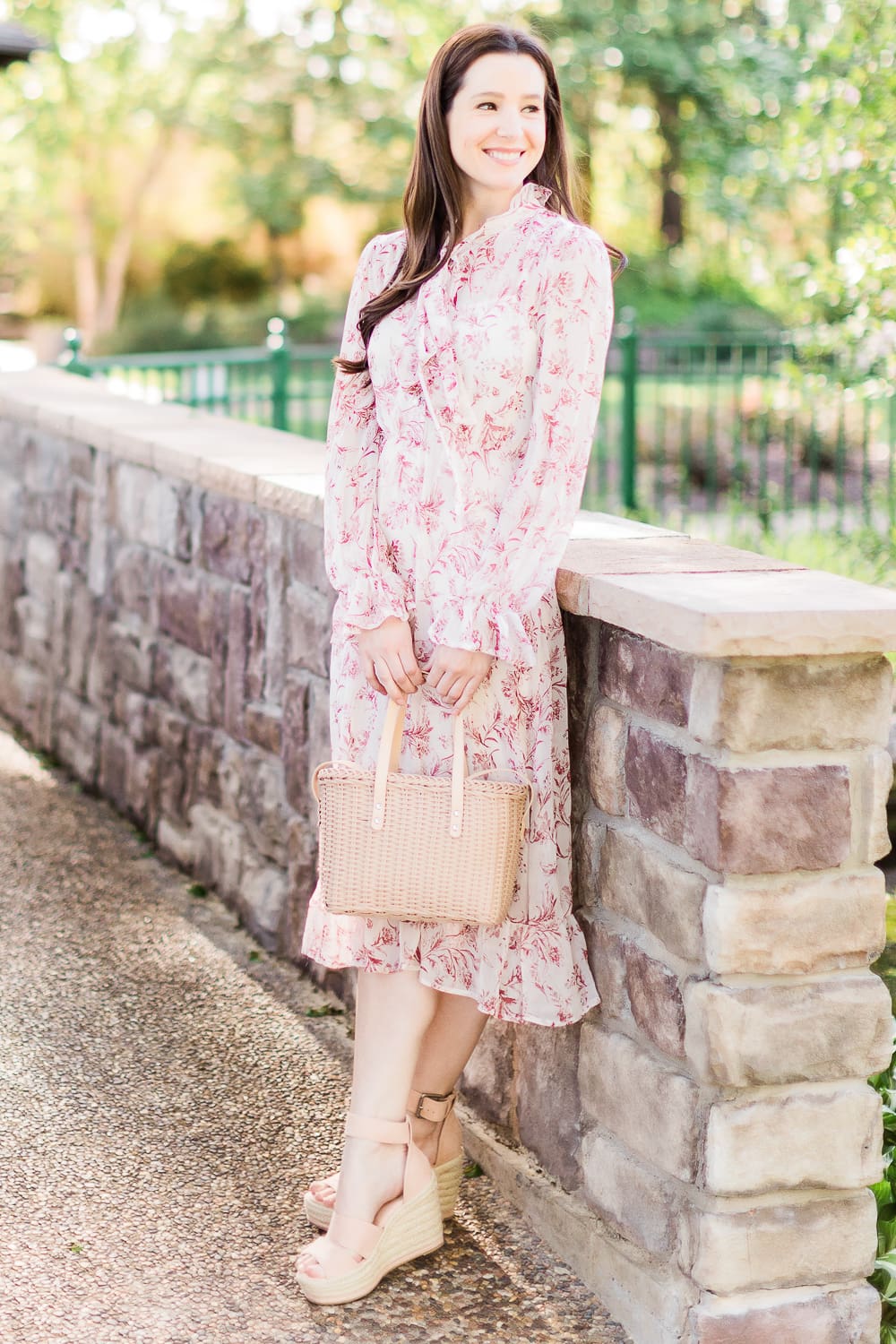 Vintage-inspired tie neck floral dress styled with a Target basket crossbody bag and Target blush espadrilles by affordable fashion blogger Stephanie Ziajka from Diary of a Debutante, spring wedding guest dresses, vintage inspired wedding guest dresses, is shein good quality