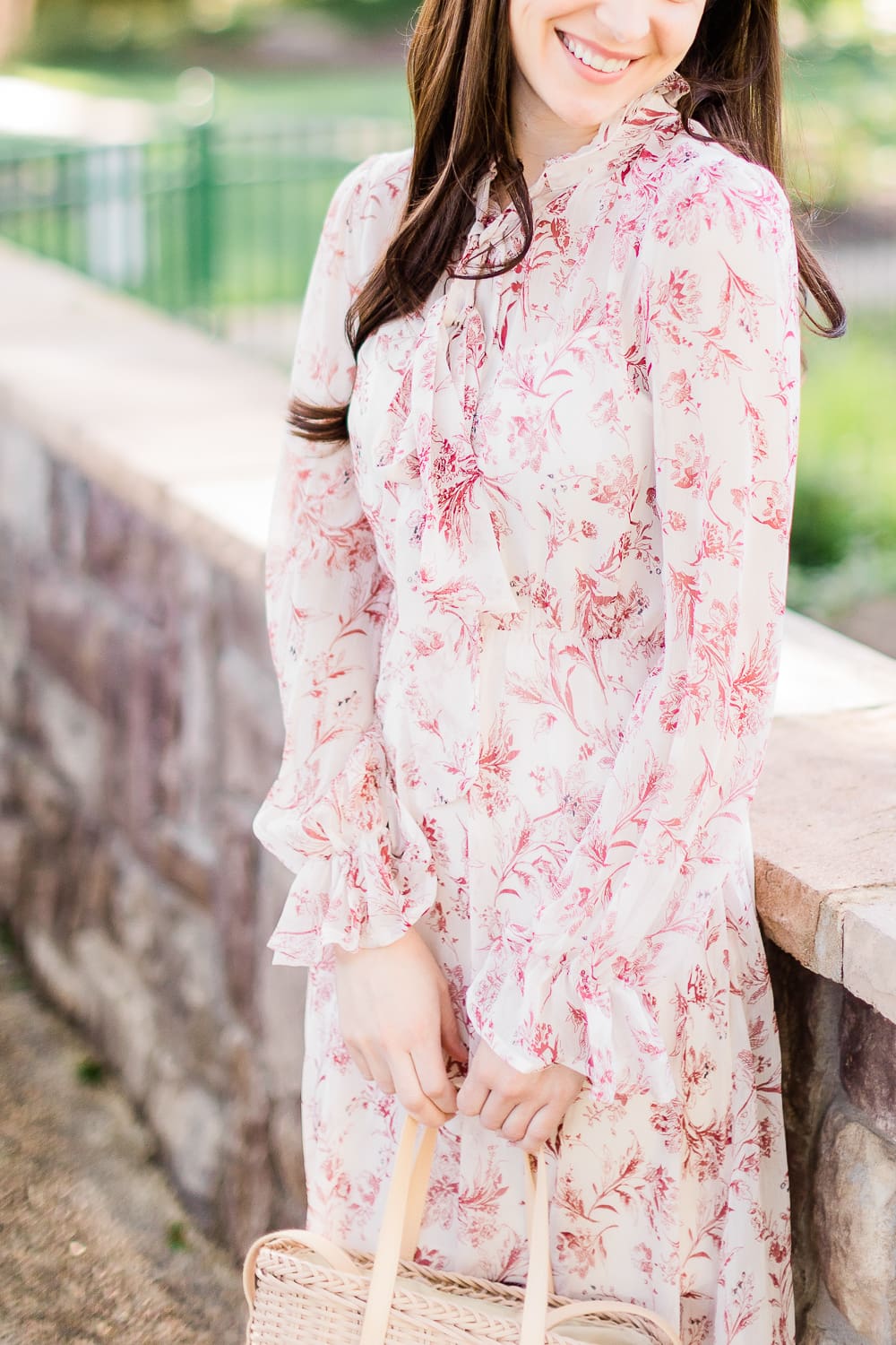 Vintage-inspired tie neck floral dress styled with a Target basket crossbody bag and Target blush espadrilles by affordable fashion blogger Stephanie Ziajka from Diary of a Debutante, spring wedding guest dresses, vintage inspired wedding guest dresses, is shein good quality