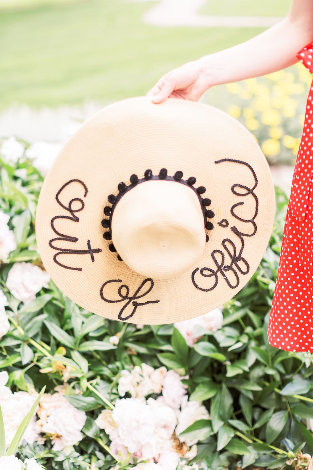Out of Office sunhat, 4th of July Outfit Idea: Red Polka Dot Midi Dress Outfit by popular affordable style blogger Stephanie Ziajka on Diary of a Debutante, MITILLY Polka Dot Sleeveless V Neck Swing Midi Dress with Pockets, white Chloe Nile dupe bag, A New Day Women's Adelina Espadrilles Slide Sandals