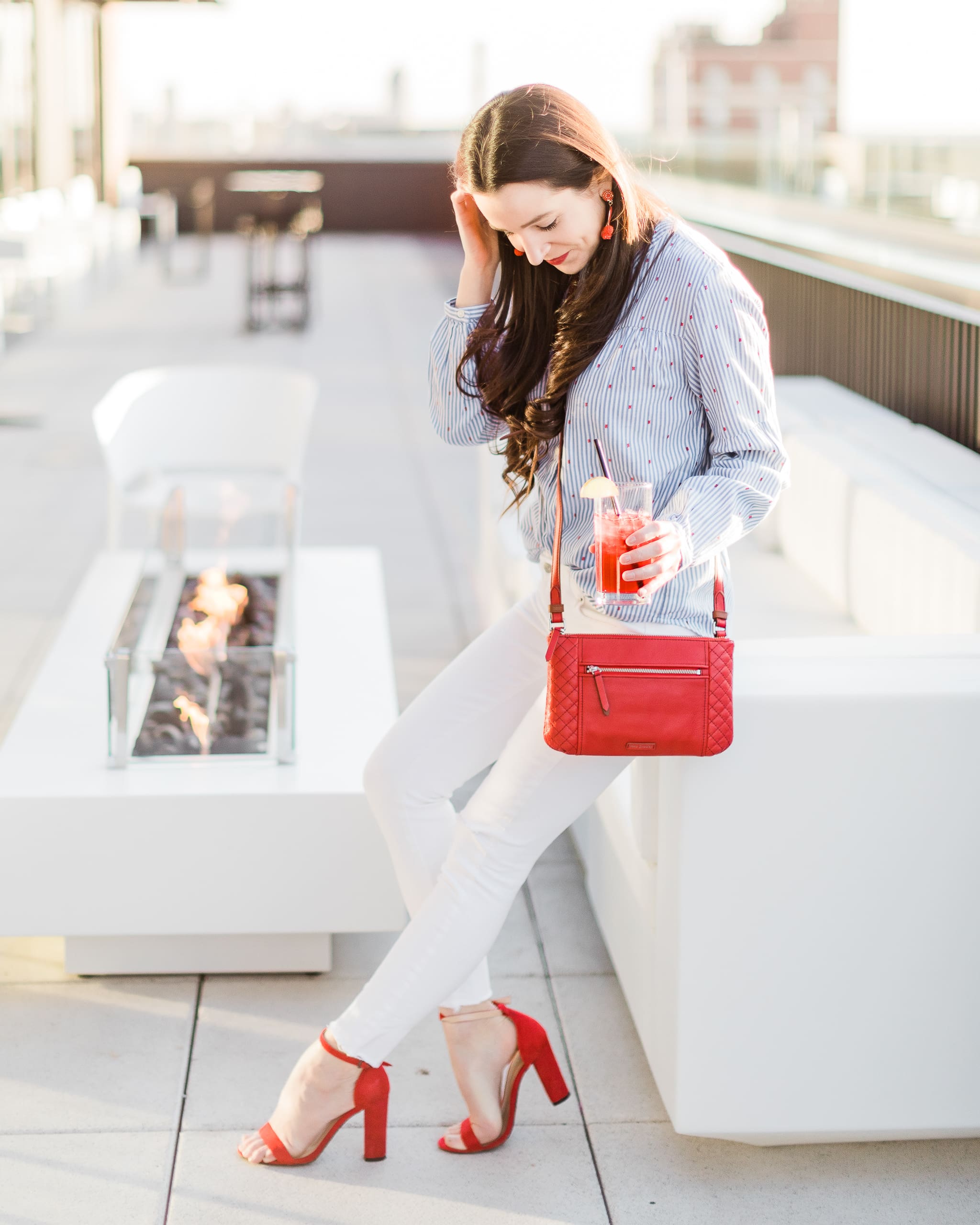 Old Navy blue striped button front shirt with red accessories outfit, 10 Preppy 4th of July Outfit Ideas for Women by popular affordable fashion blogger Stephanie Ziajka from Diary of a Debutante