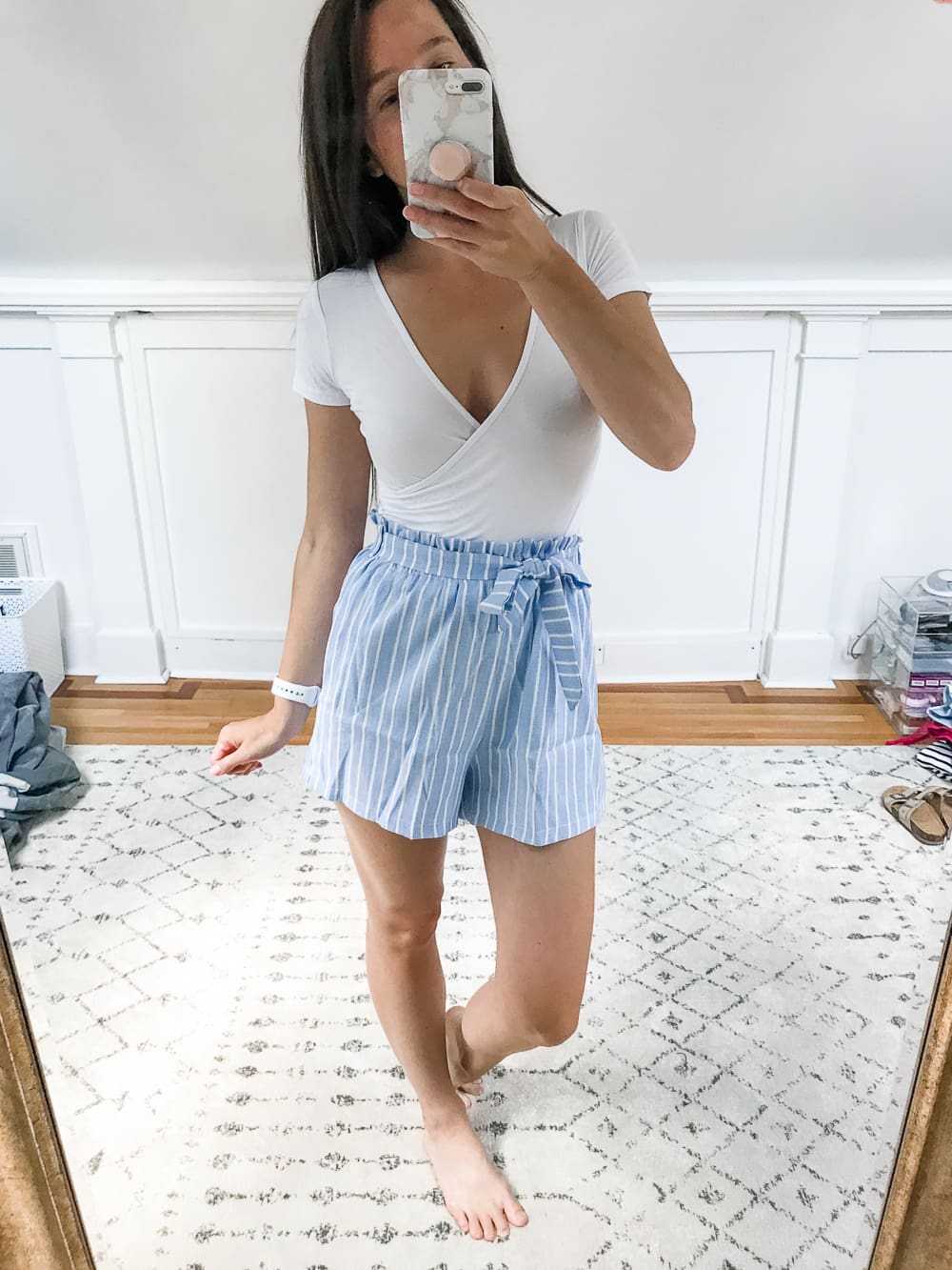 Amazon White Cross Wrap Crop Top and Amazon Blue Striped High Waisted Tie Shorts, Amazon Prime Day Try-On Haul: Top Affordable Fashion Finds