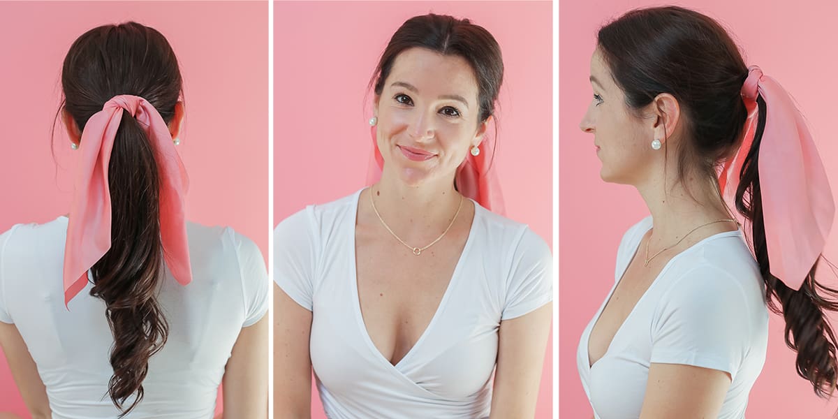 How to Wear Hair Scarves: 3 Easy-to-Wear Hairstyles + Fall Hair Refresh by popular beauty blogger Stephanie Ziajka on Diary of a Debutante, ways to wear hair scarves, how to wear a scarf in your hair, pink hair scarf, messy low ponytail hair scarf hairstyle