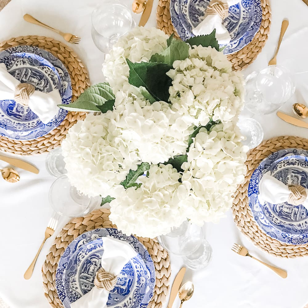 Blue and White Italian Tablescape Idea by popular home decor blogger Stephanie Ziajka on Diary of a Debutante, Spode Blue Italian Dinner Plates, Spode Blue Italian Pasta Bowls, blue and white table setting ideas, blue Italian tablescape, Italian tablescape ideas