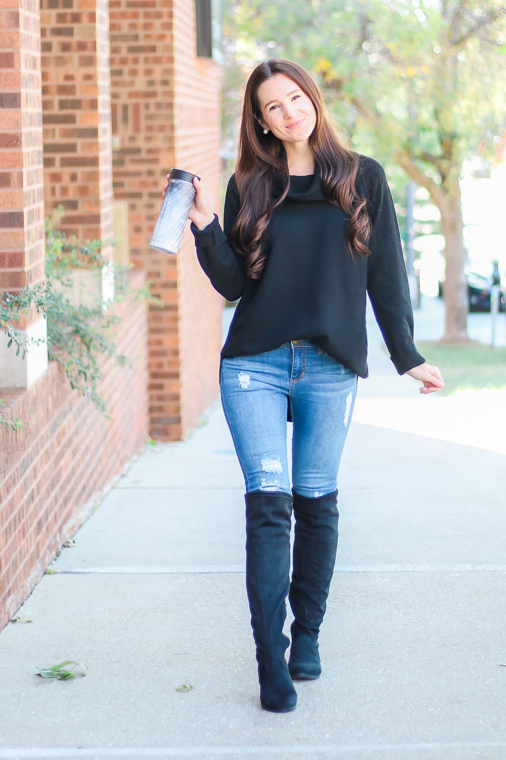 Shopping Haul: Best Walmart Fall Fashion Finds by affordable fashion blogger Stephanie Ziajka on Diary of a Debutante, Time and Tru black cowl neck sweater, Time and Tru black over the knee boots, Contigo couture mug