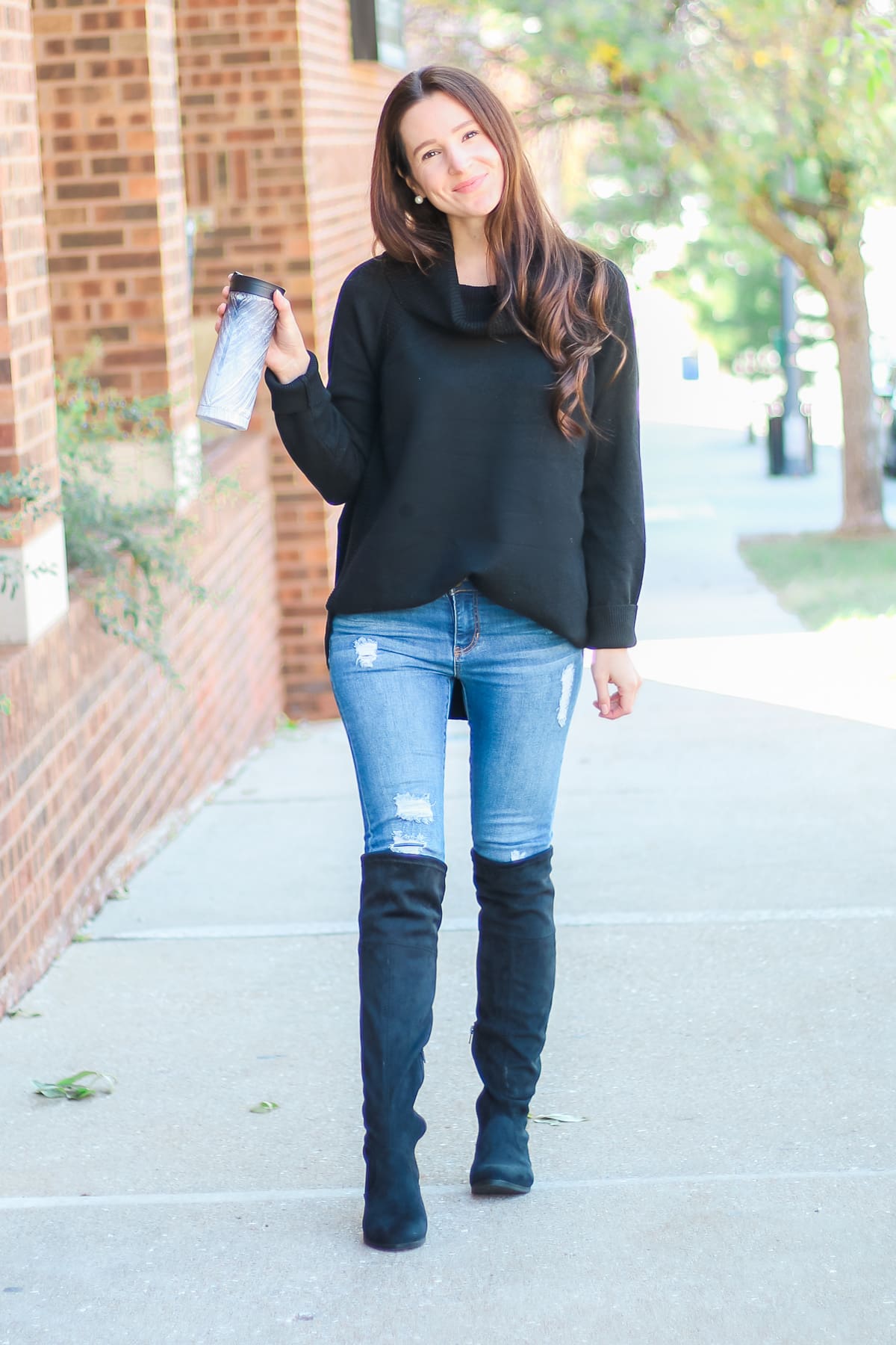 Shopping Haul: Best Walmart Fall Fashion Finds by affordable fashion blogger Stephanie Ziajka on Diary of a Debutante, Time and Tru black cowl neck sweater, Time and Tru black over the knee boots, Contigo couture mug black shell