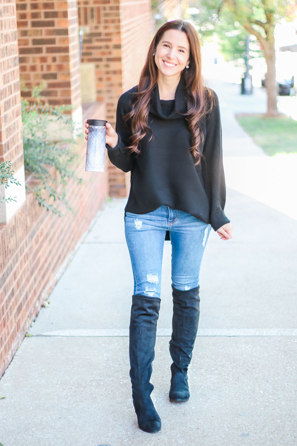 Shopping Haul: Best Walmart Fall Fashion Finds by affordable fashion blogger Stephanie Ziajka on Diary of a Debutante, Time and Tru black cowl neck sweater, Time and Tru black over the knee boots, Contigo couture mug black shell
