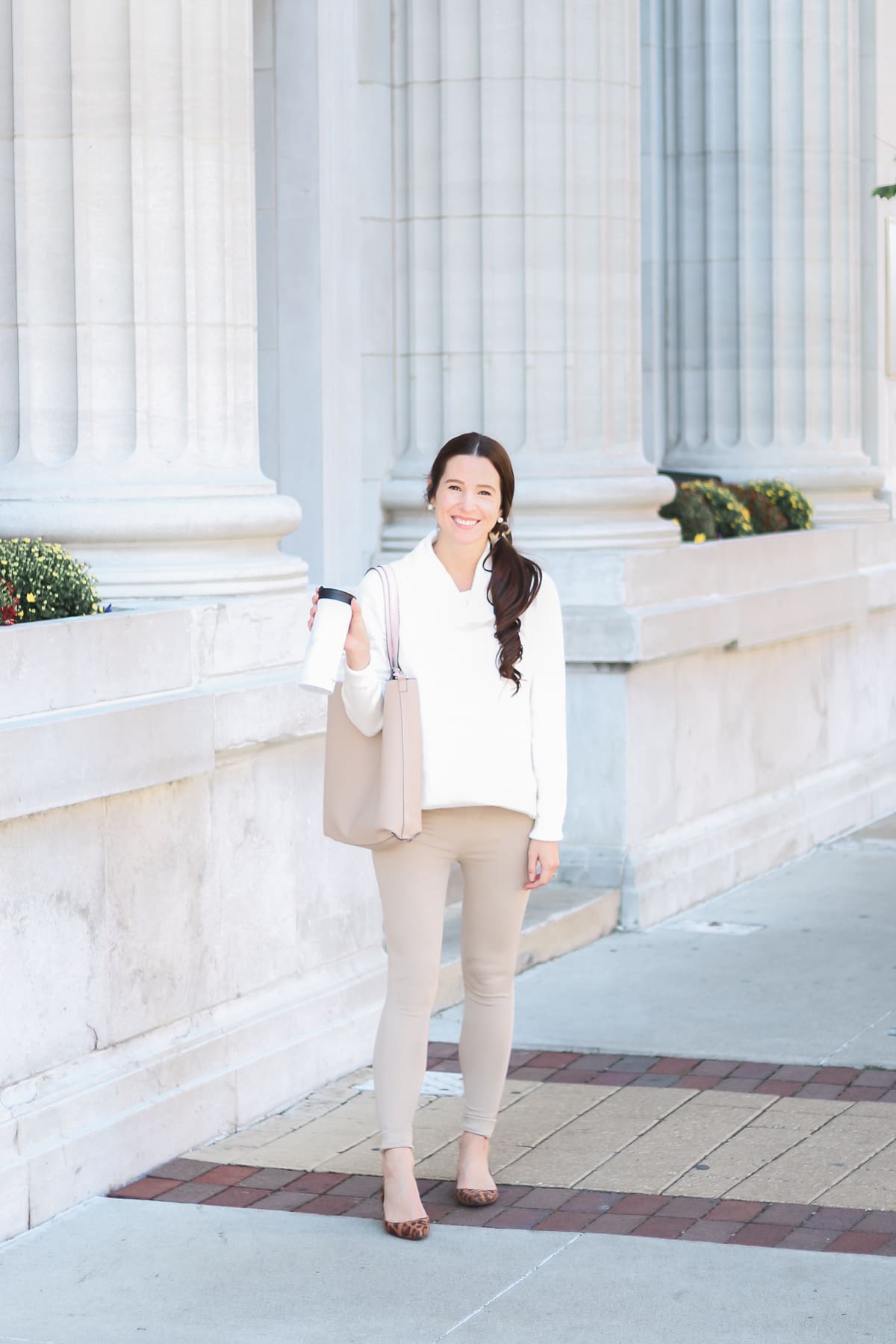 Shopping Haul: Best Walmart Fall Fashion Finds by affordable fashion blogger Stephanie Ziajka on Diary of a Debutante, Time and Tru white cowl neck tunic sweater, Time and Tru brownstone jeggings, Time and Tru leopard bow scrunchie, Time and Tru reversible Leigh tote, Time and Tru leopard flats