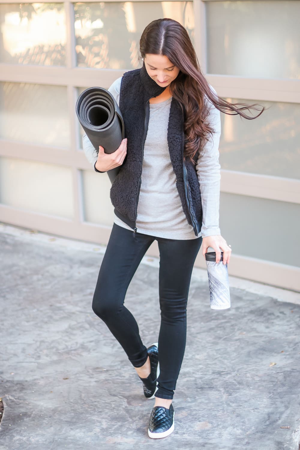 Shopping Haul: Best Walmart Fall Fashion Finds by affordable fashion blogger Stephanie Ziajka on Diary of a Debutante, black Time and Tru plush vest, gray Time and Tru long sleeve crew tee, black Time and Tru Twin Gore Slip-On Sneakers, Contigo Couture SNAPSEAL Thermal Mug in Black Shell