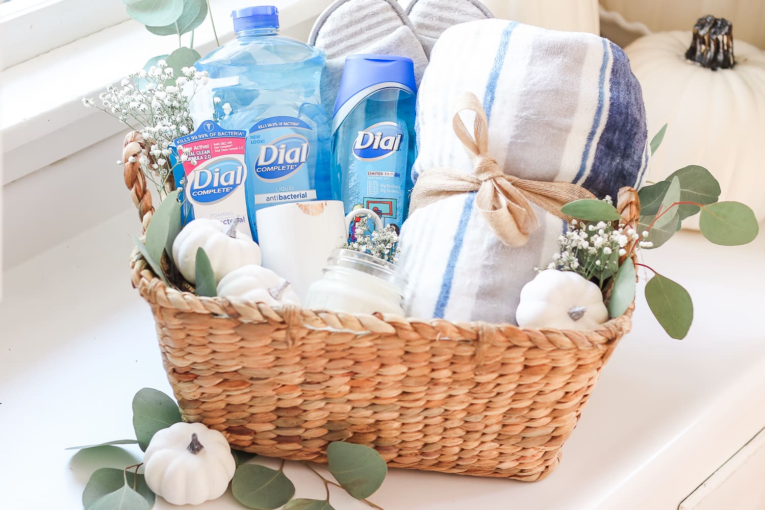Stay Well Gift Basket Idea for Teachers, New Moms, and Volunteers by popular affordable entertaining blogger Stephanie Ziajka on Diary of a Debutante, practical gift basket for teachers, eucalyptus in a gift basket, decorating gift basket with eucalyptus