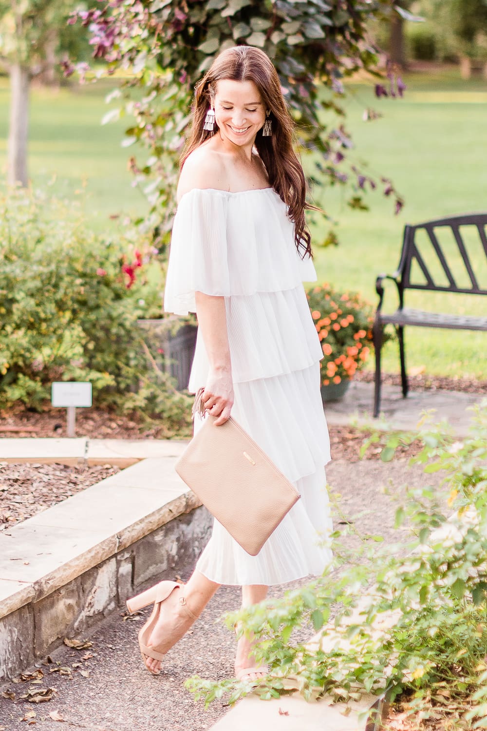 Budget-Friendly Bridal Shower Dress for the Bride-to-Be by affordable fashion blogger Stephanie Ziajka on Diary of a Debutante, Amazon ETCYY Off the Shoulder Ruffle Chiffon Dress styled with Amazon Heels Charm nude chunky block sandals, fall LWD outfit