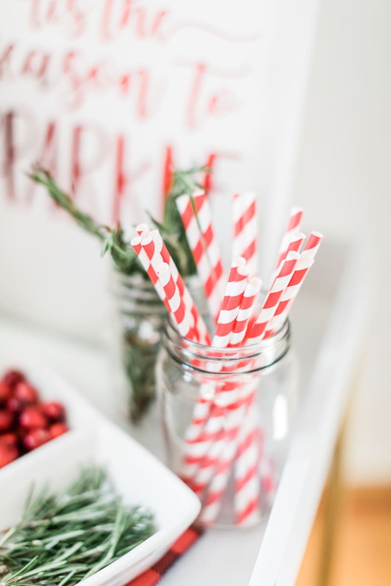 red and white paper straws, Christmas bar cart styling ideas