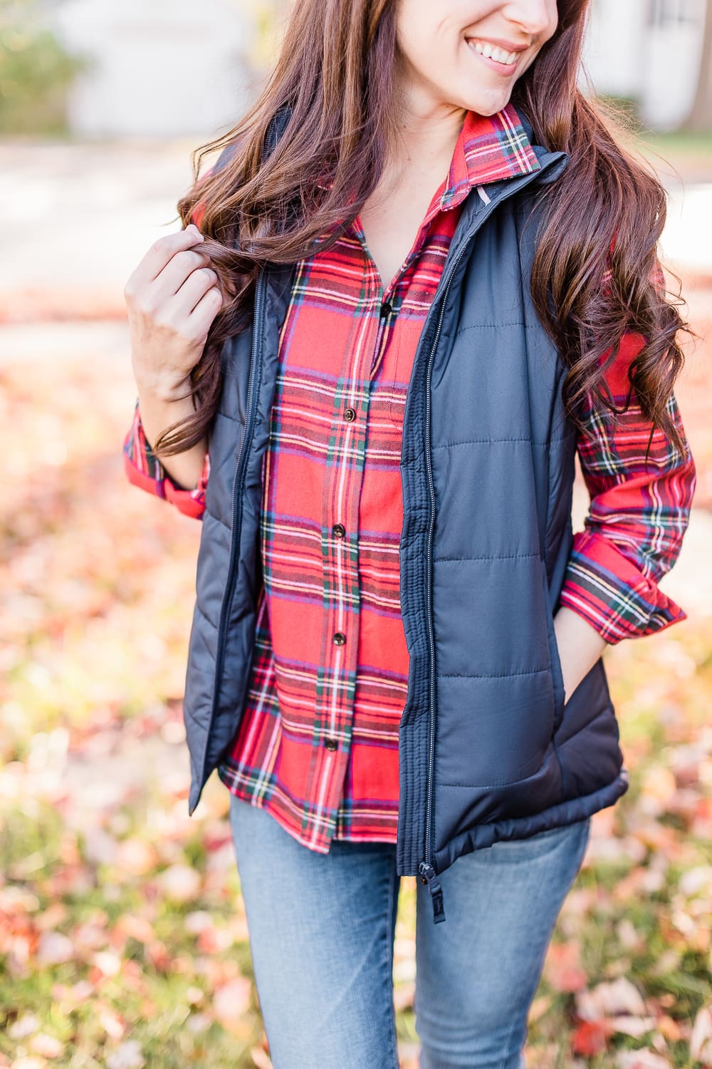 LL Bean Royal Stewart Tartan Relaxed Flannel styled with Classic Bean Boots, Navy Amazon Essentials Puffer Vest, AG Ankle Skinny Jeans, and a Navy Longchamp Le Pliage Tote by popular affordable fashion blogger Stephanie Ziajka on Diary of a Debutante, best LL Bean purchases, favorite LL Bean winter fashion finds 