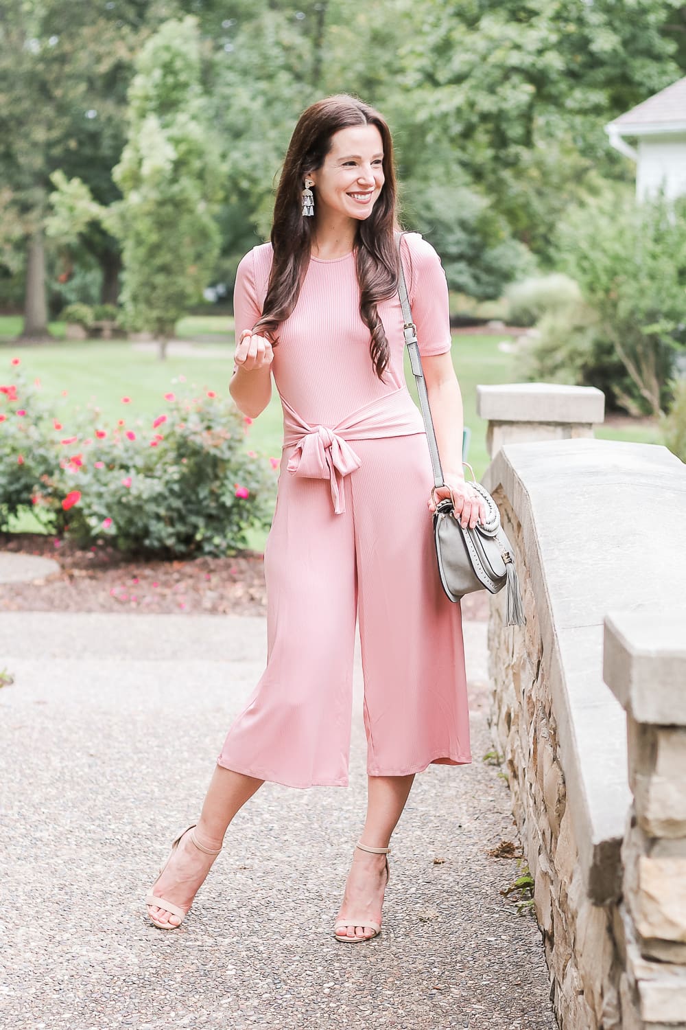 Amazon Fashion rose pink jumpsuit, find. women's ribbed jersey jumpsuit, Amazon Fashion nude block heel sandals, Chloe Hudson dupe bag, Chloe Hudson look-alike bag, Tom Clovers dupe bag, Kendra Scott Rechelle earrings, popular affordable fashion blogger Stephanie Ziajka, popular affordable fashion blog Diary of a Debutante