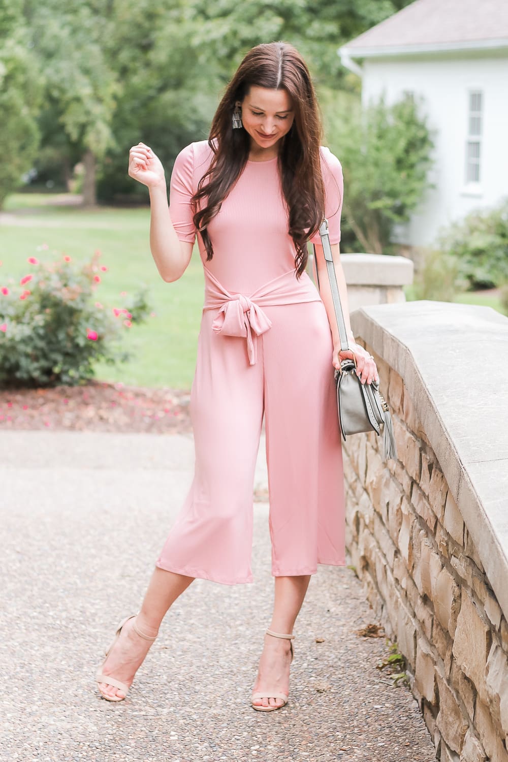 Amazon Fashion rose pink jumpsuit, find. women's ribbed jersey jumpsuit, Amazon Fashion nude block heel sandals, Chloe Hudson dupe bag, Chloe Hudson look-alike bag, Tom Clovers dupe bag, Kendra Scott Rechelle earrings, popular affordable fashion blogger Stephanie Ziajka, popular affordable fashion blog Diary of a Debutante