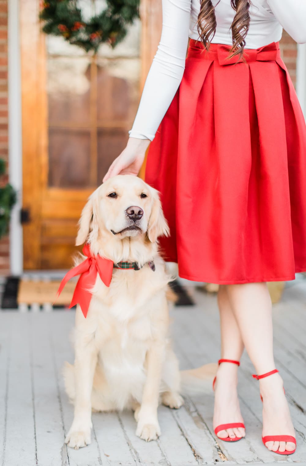 golden retriever with red bow, Amazon red bow skirt, Amazon red block heel sandals, popular affordable fashion blogger Stephanie Ziajka, popular affordable fashion blog Diary of a Debutante